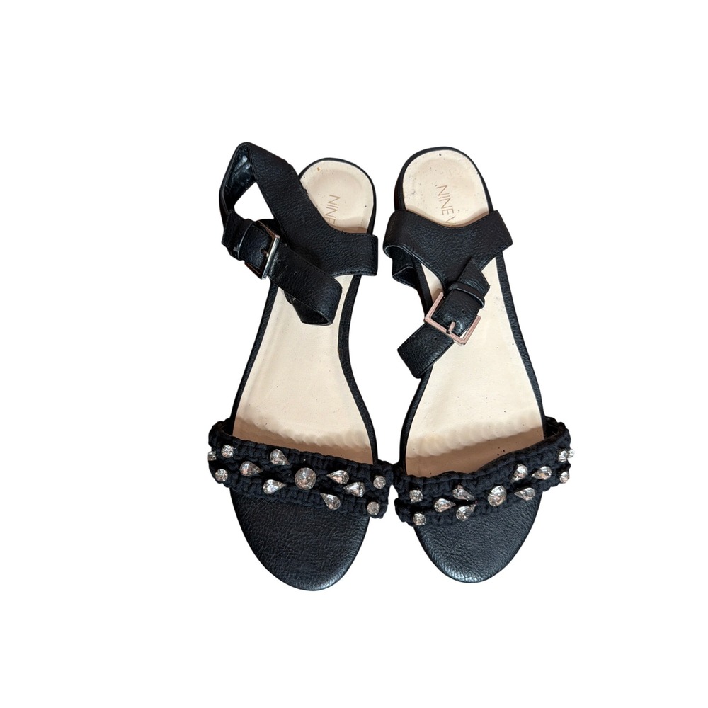 Nine West Honey Black Rhinestone Embellished Ankle Strap Flat Sandals 10.5M